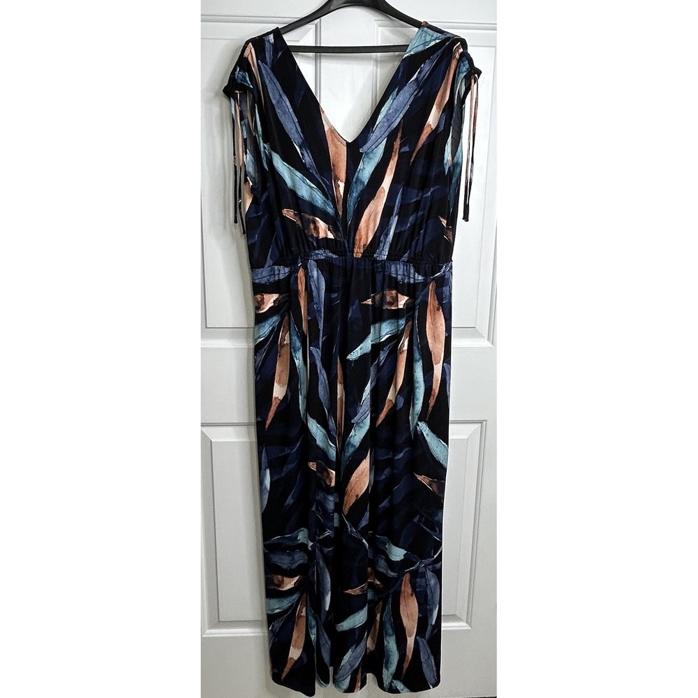 IMAN Global Chic‎ Cinched Shoulder Double V-Neck Maxi Dress Black Multi Palm XL